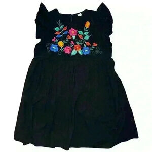 Boho Black Floral Embroidered 100% Cotton Mini Dress Size Large